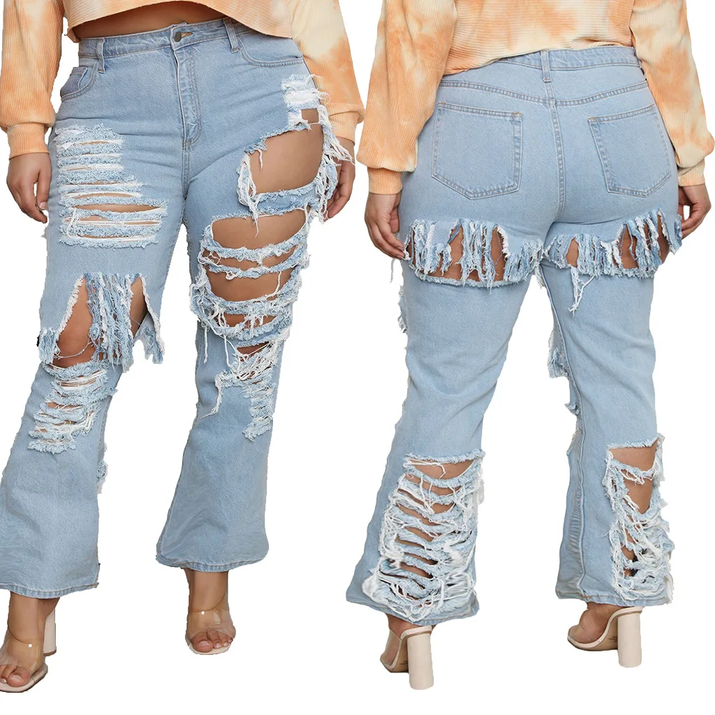 

Flare Pants Hole Jeans Women Boot Cut Mid Waist Tassels Washed Ripped Distressed Pockets Streetwear Vintage Denims Trousers 2025
