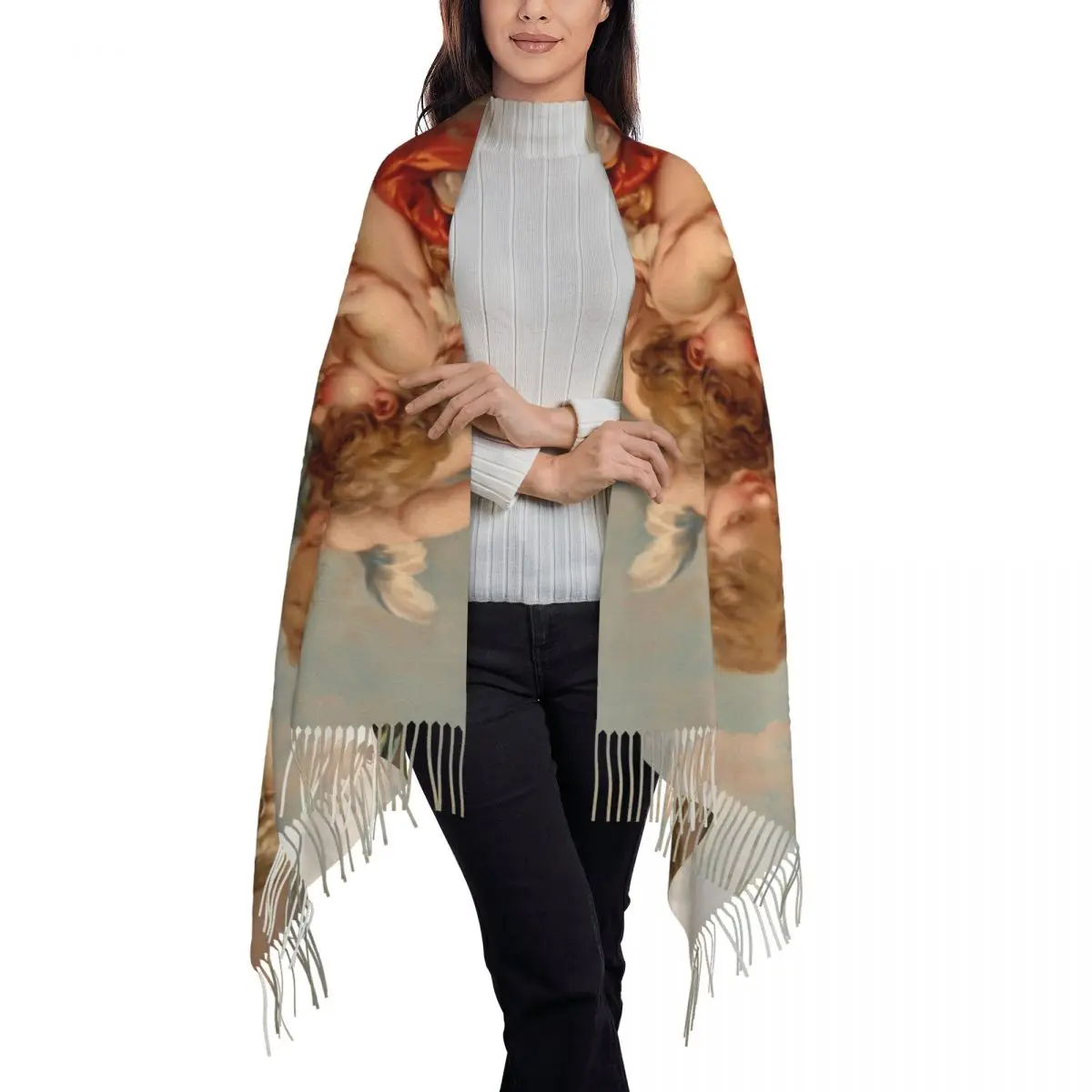 Aesthetic Renaissance Angel Cherub Scarf Wrap for Women Long Winter Fall Warm Tassel Shawl Unisex Boucher Rococo Art Scarves