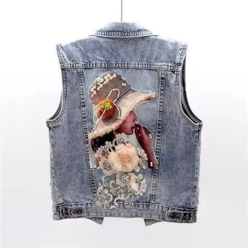 Spring Autumn Women Denim Vest Jacket New Diamond Flower Long Sleeve Jeans Jackets Girl Short Outwear Vintage Cowboy Tops Female