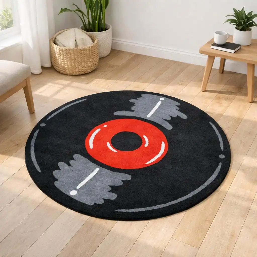 Minimalist Black Red Round Area Rug Retro Vinyl Record Circle Carpet Washable Non Slip Studio Living Room Decoration
