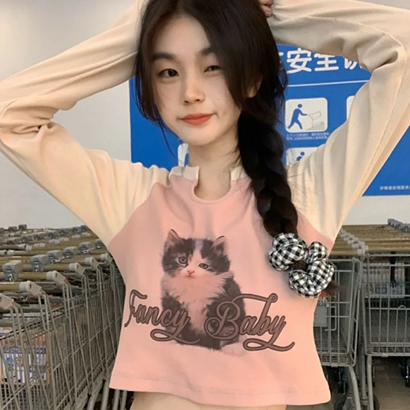 Y2k Aesthetic Patchwork T Shirts Kawaii Cat Print Graphic Cute Top Women Casual Crop Tops Long Sleeve Harajuku Pink Color Tees