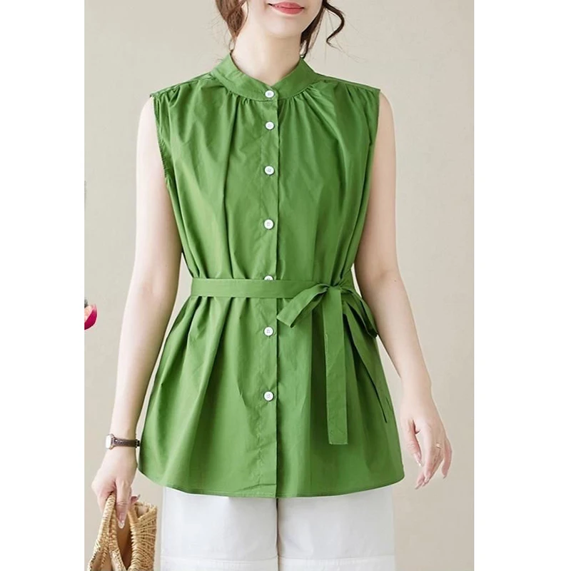 

Модные бандажные рубашки без рукавов с воротником-стойкой, женская одежда, новинка лета 202, свободные повседневные топы, пригородные блузки