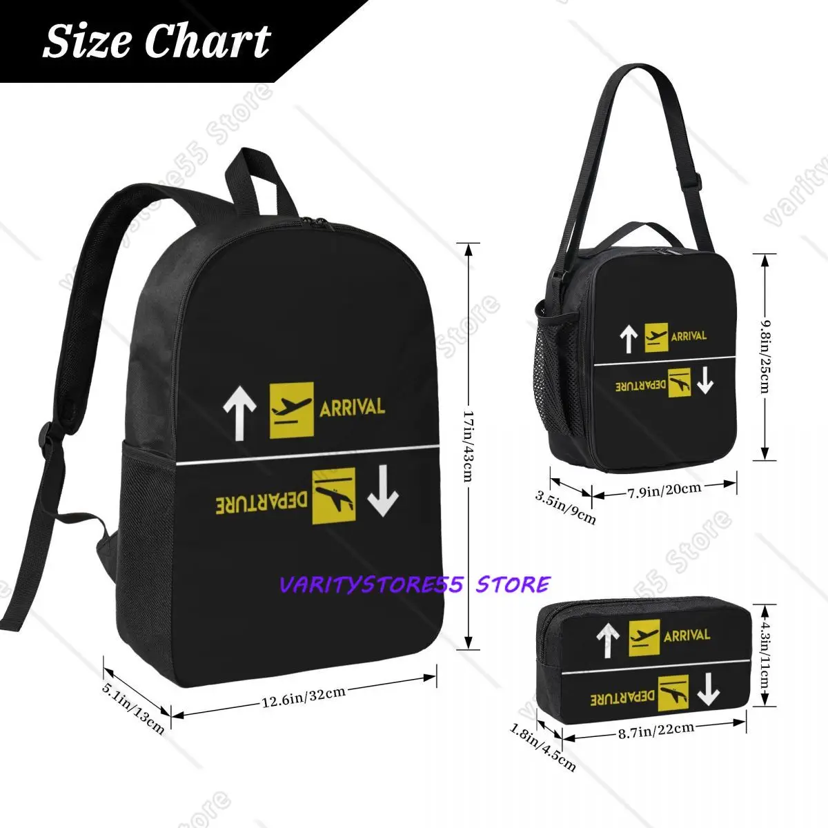 Aviation Departures Arrivals Backpack Student BookBag School Bag Computer Shoulder Bags 3ps Insulated Lunch Bag Pencil Case