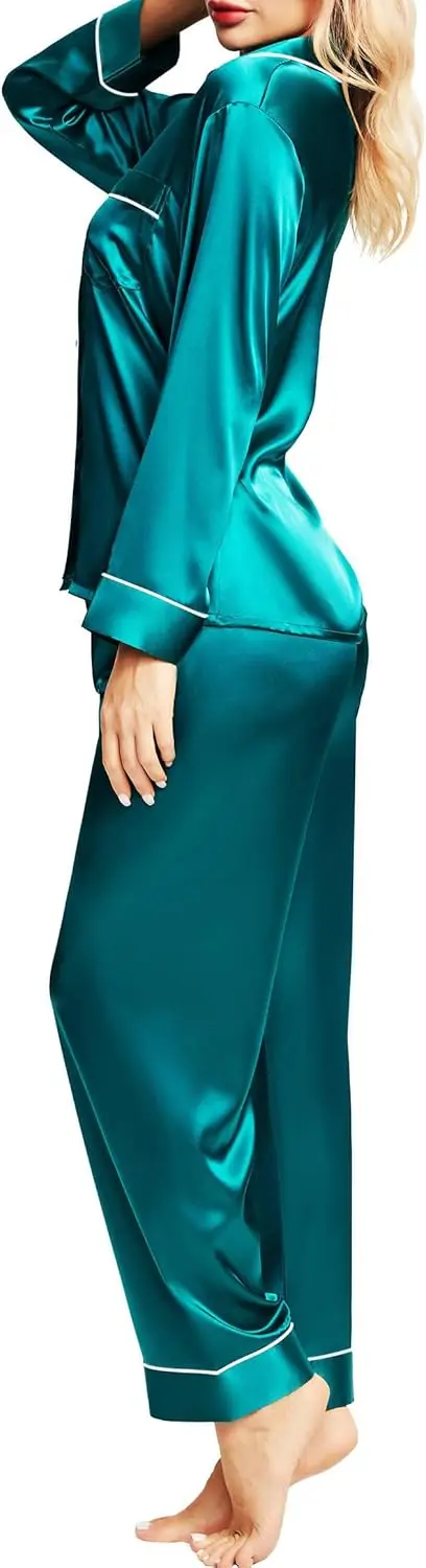 

Атласные шелковые пижамы для женщин, комплект пижам с длинными рукавами и пуговицами, атласная пижама для сна, размеры XS-3XL