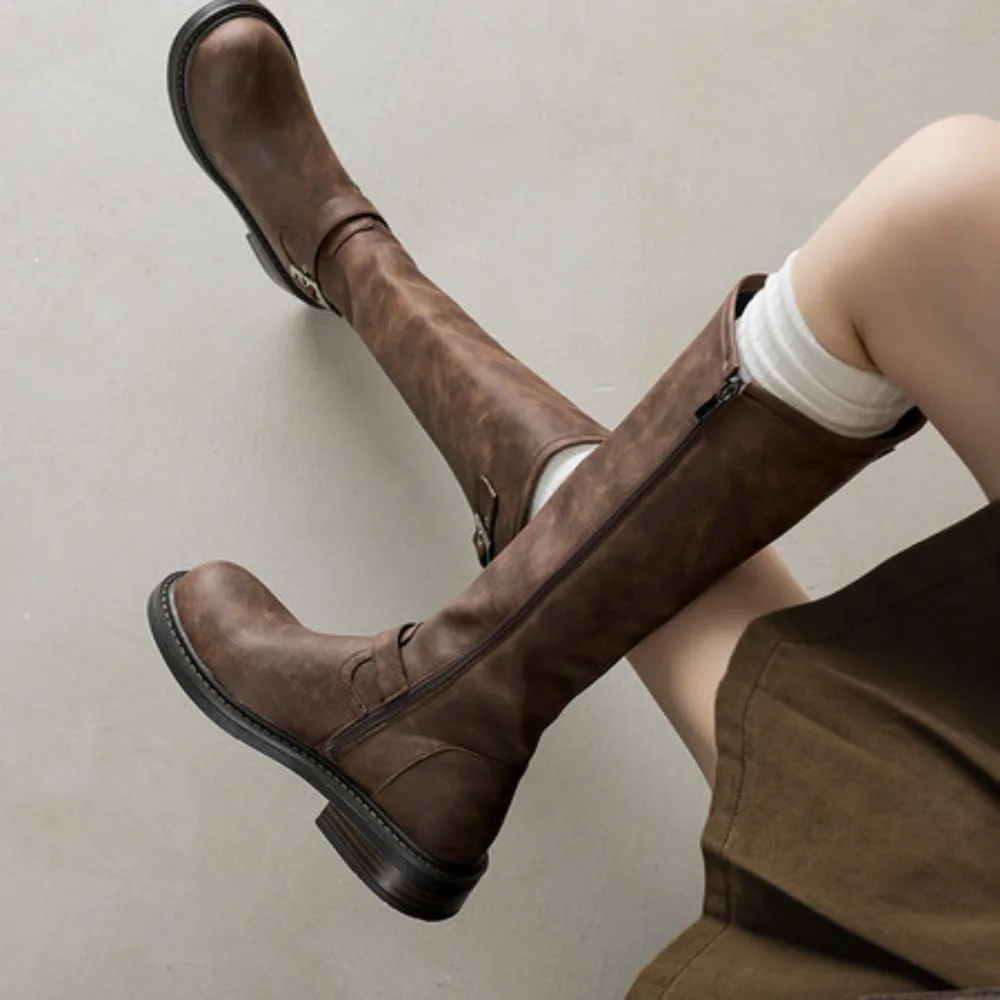 

Ковбойские сапоги до колена с круглым носком и квадратным массивным средним каблуком, коричневые, черные, в стиле вестерн, женская обувь на молнии с пряжкой в готическом стиле, в стиле панк
