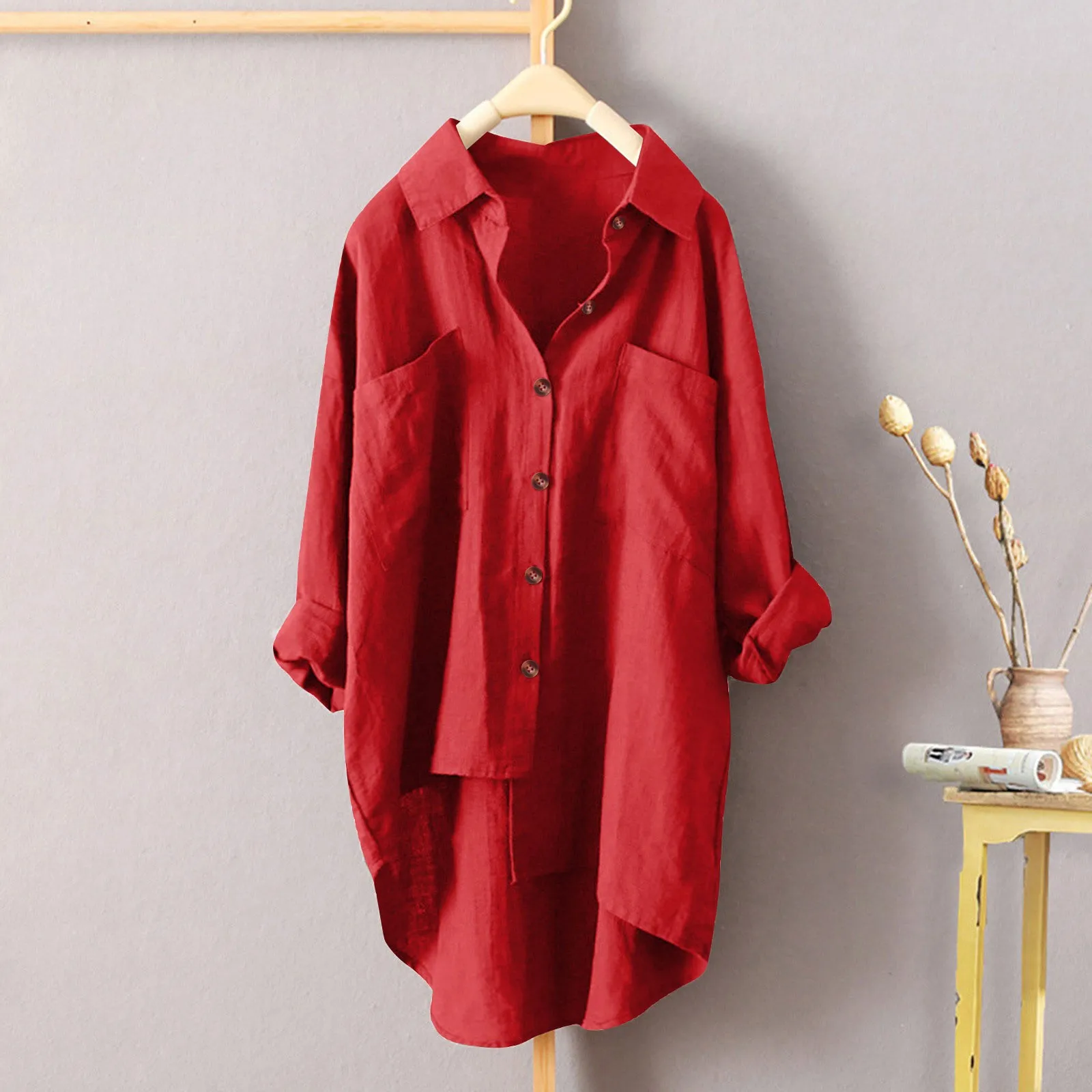 Women'S Autumn Fashion Solid Cotton 3/4 Long Sleeve Tunic Tops Ladies Winter Casual Blouse High Quality Clothing Plus Size Shirt