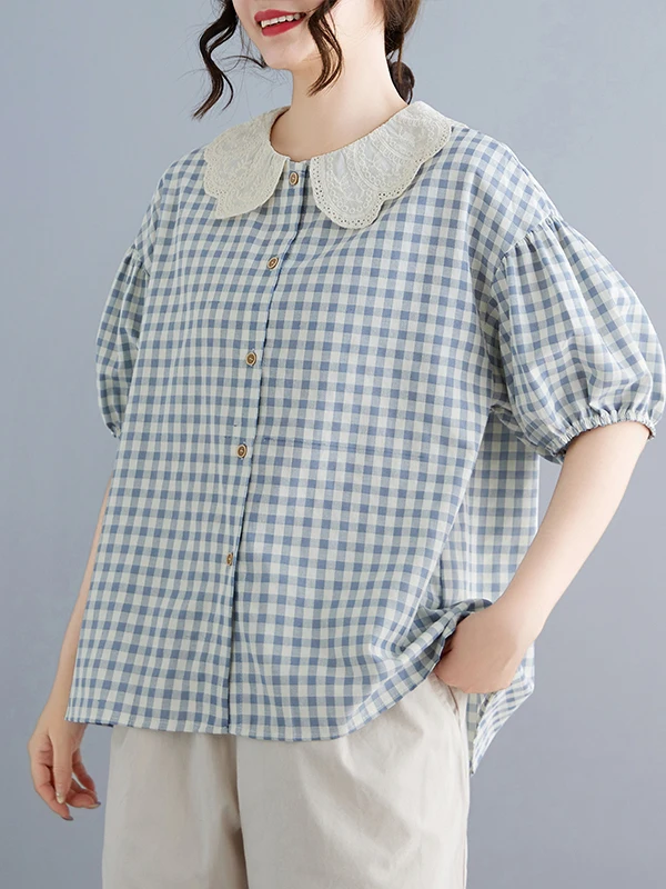 

Loose Fit Blue Plaid Short Sleeve Shirt Casual Summer New Style Large Size Women's Fashionable Doll Collar Top Chinese Brand