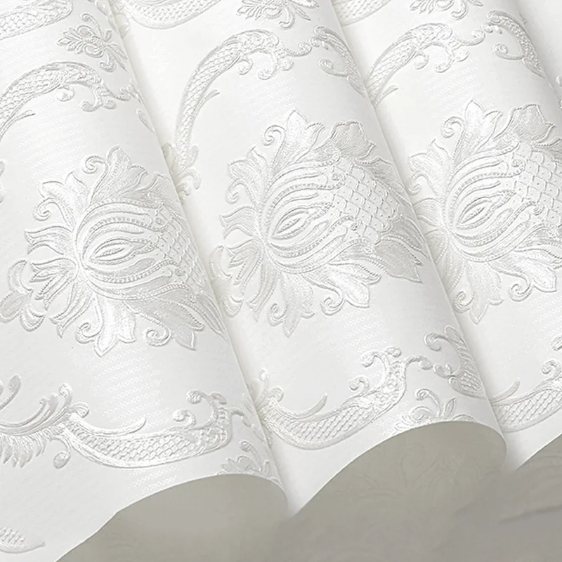 White Embossed Damask Wallpaper Plain Solid Color Damascus Texture Wall Paper for Bedroom Living Room Tv Background Decor