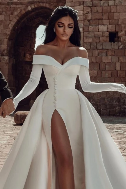 Robe De mariée en Satin, épaules dénudées, boutons perlés, Sexy, fente latérale, arabe, dubaï, Robe De mariée, Court, traîne