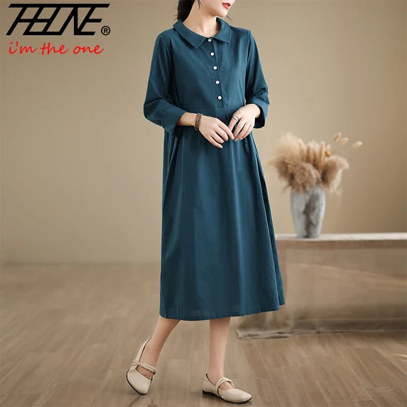Autumn Dress Women Long Sleeve Casual Solid Cotton Linen Peter Pan Collar Vintage Korean Loose Chinese Dresses Vestidos De Mujer image 5