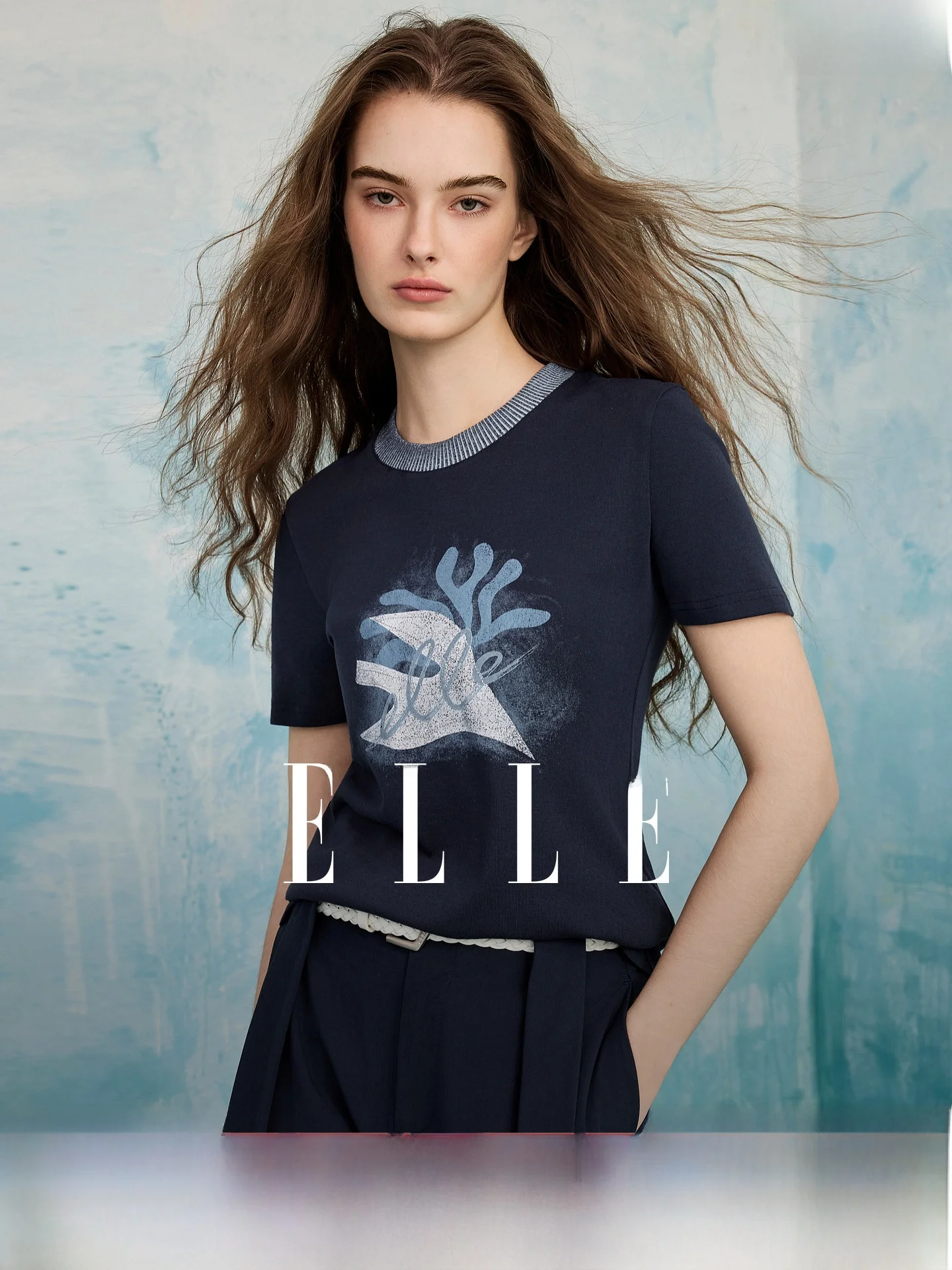 

Elle Bird Collection T-shirt Spliced Print Short Sleeve Women's Summer New round Neck Slim Fit Top Commute Simple Style Cotton