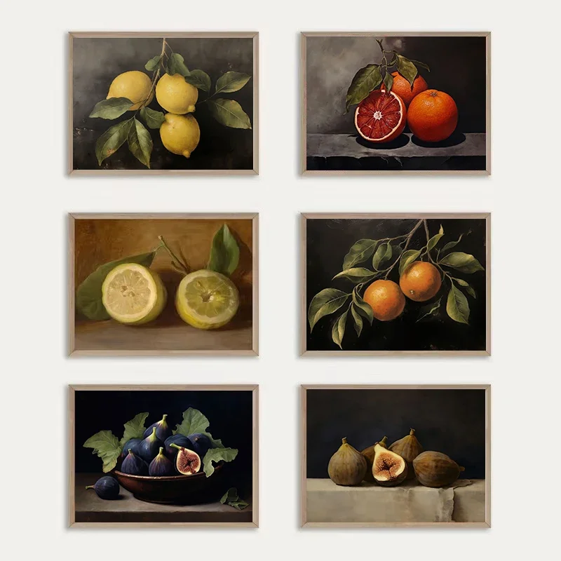 Vintage Kitchen Food Fruits Wall Art  Peaches Lemon Orange Still Life Canvas Painting for Home Dining Room Decor  Poster Prints