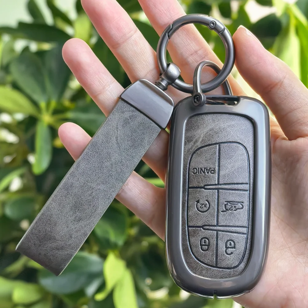 Zinc Alloy Leather Car Key Case For Fiat Dodge Ram Charger Journey Durango Jeep Grand Cherokee Chrysler Keyless Fob Shell Holder