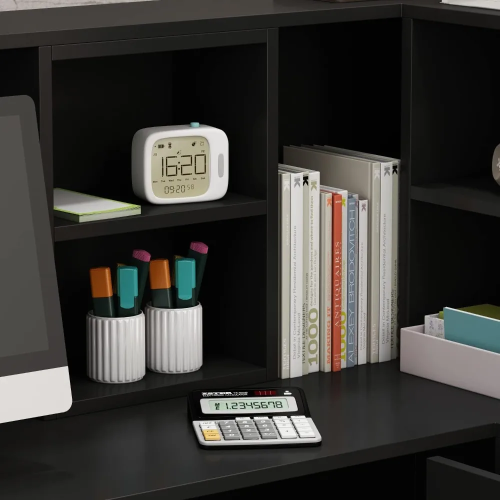 Modern Reception Desk Counter Table, L-Shap Reception Room Front Desk with Lockable Drawer & Open Shelves, Retail Counter