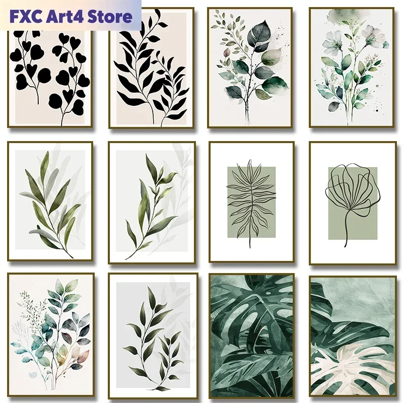 Frameless Sage Green Botanical Line Neutral Wall Poster Prints Bedroom Wall Canvas Painting Prints for Living Room Home Decor Cu