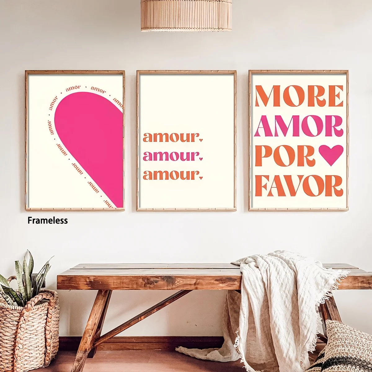 2D Flat, 3pcs French Amour Love Heart Wall Art, Romantic Pink Quote Canvas Prints, Frameless Poster Set for Living Room Bedro