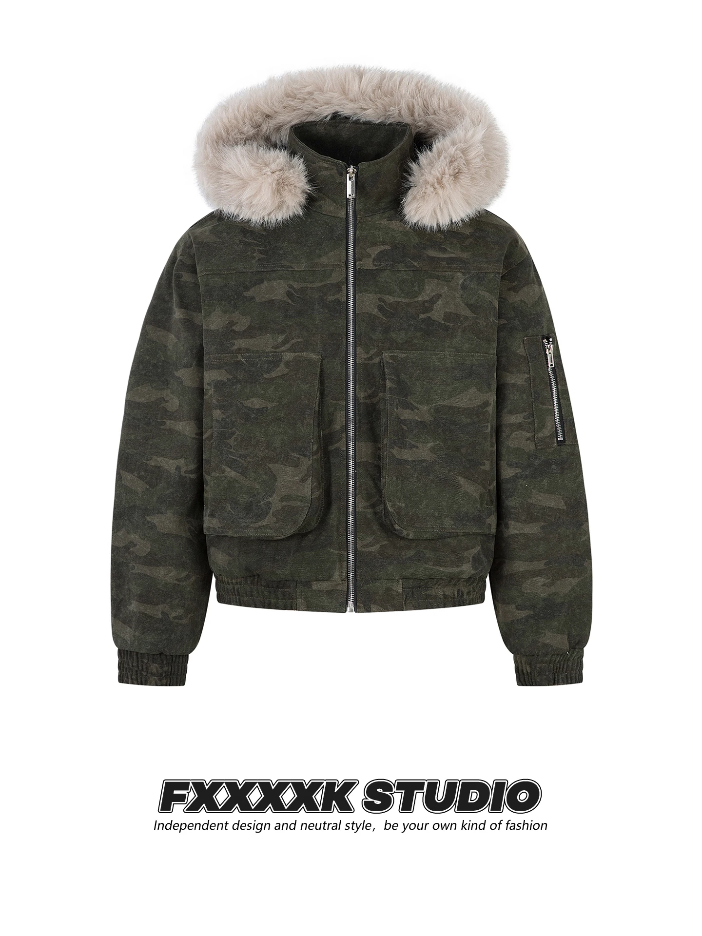 

Куртка-парка FXK в стиле американского ретро, камуфляжная, из утолщенного хлопка, с капюшоном, со съемным меховым воротником, рабочая, повседневная верхняя одежда