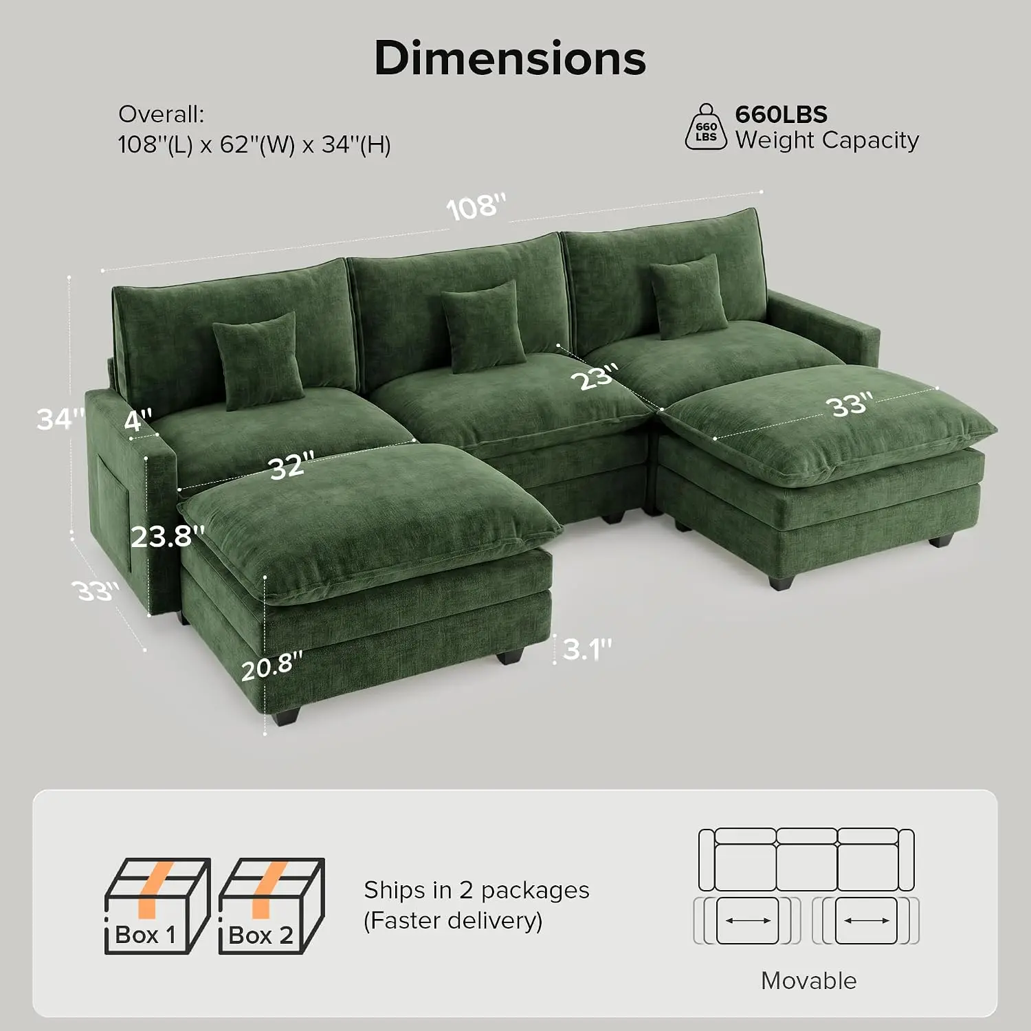 108 Inch Cloud Sectional Sofa U Shaped Modular Living Room Furniture, Customized