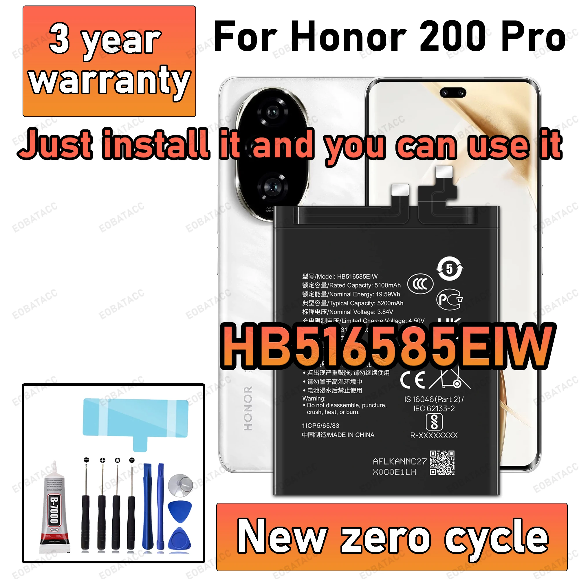 100% New High Capacity HB516585EIW Battery For HONOR 200 PRO Phone batteries batteria+Free Tools