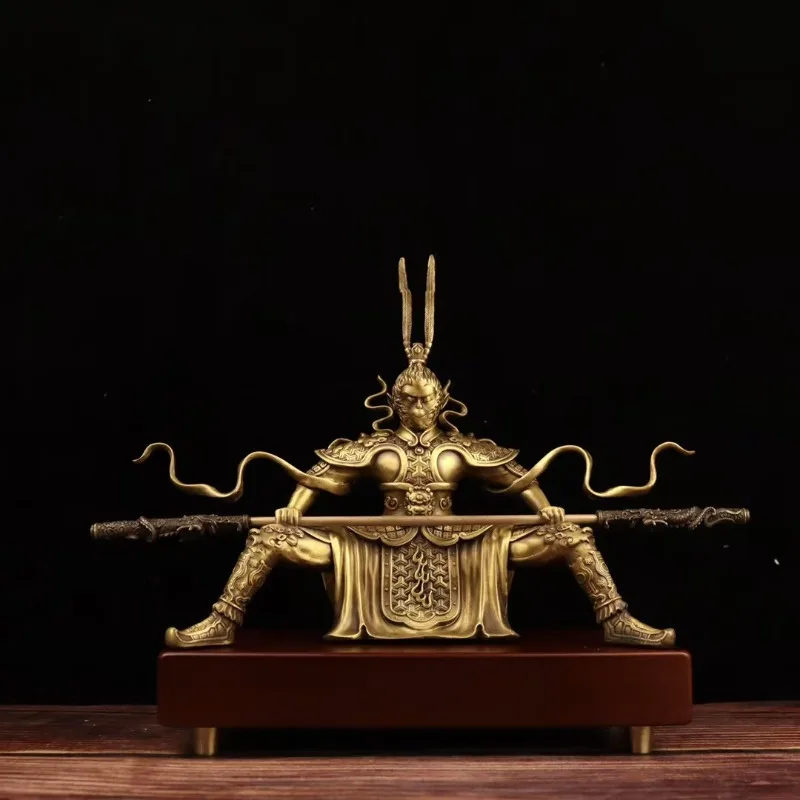 Golden Copper Armored Monkey Warrior Sculpture Holding Staff Traditional Chinese Myth Mascot Home Desk Vintage Display Ornament