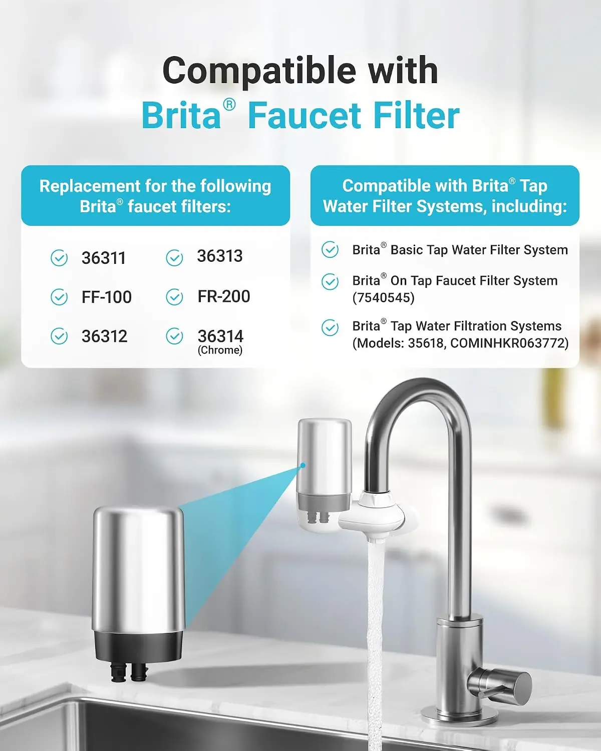 AQUA CREST 7027S Filter Replacement for Brita® Faucet Filter Chrome, Replacement for Brita® 36311 On Tap Water Filtration System, FR-200, FF-100, 100 Gallons, Brita® Filter Replacement