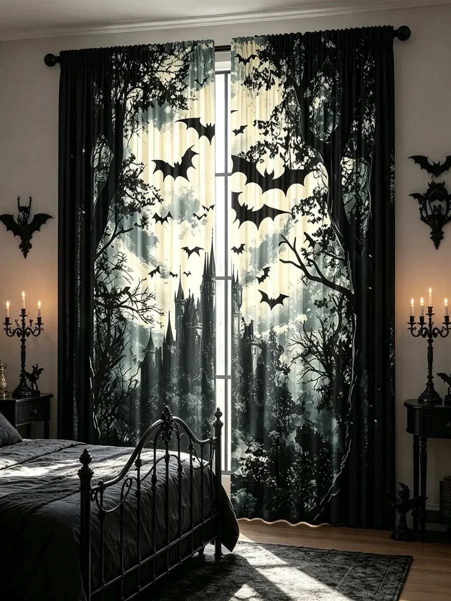 Gothic Haunted Forest Silhouette Curtain Black and White Dramatic Halloween Window Dressing for Spooky Home Decor
