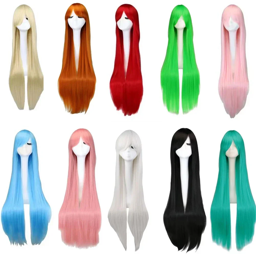 WHIMSICAL W 100cm Long Straight Cosplay Wig Anime Compatible Universal Omnipotent Solid Color Heat Resistant Synthetic Hair Wigs