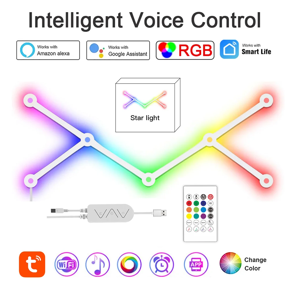 TV 백라이트 게임 룸 장식을위한 RGB LED 스마트 벽 램프 DIY 분위기 야간 조명 Tuya WIFI 벽 조명 바 Alexa와 함께 작동