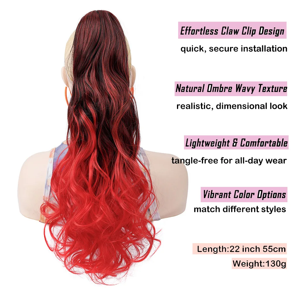 Claw Clip Ponytail Extensions, Black Ombre Gray Blue Red Wavy Synthetic Hair, Easy Install, Instant Volume for Daily & Parties