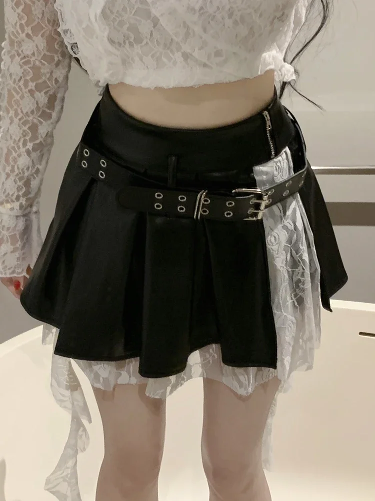 Schwarzer Spitzenrock, plissierter Lederrock, Damen, schlankmachendes kurzes Kleid, unregelmäßiges Design, vielseitiges Patchwork ZT274