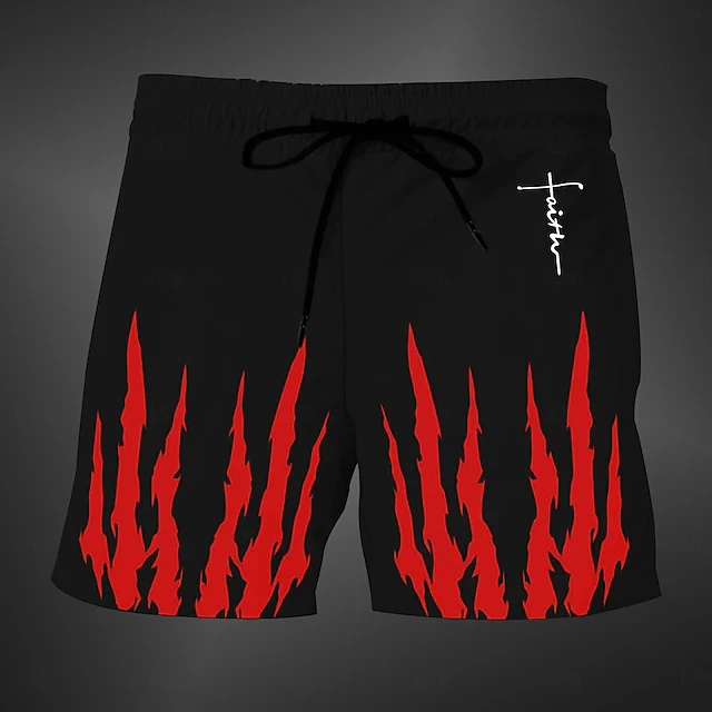 Dark Punk Style Skull Print Casual Shorts Men Faith Letter Drawstring Waist Loose Streetwear Rock Fashion Daily Bottoms Shorts