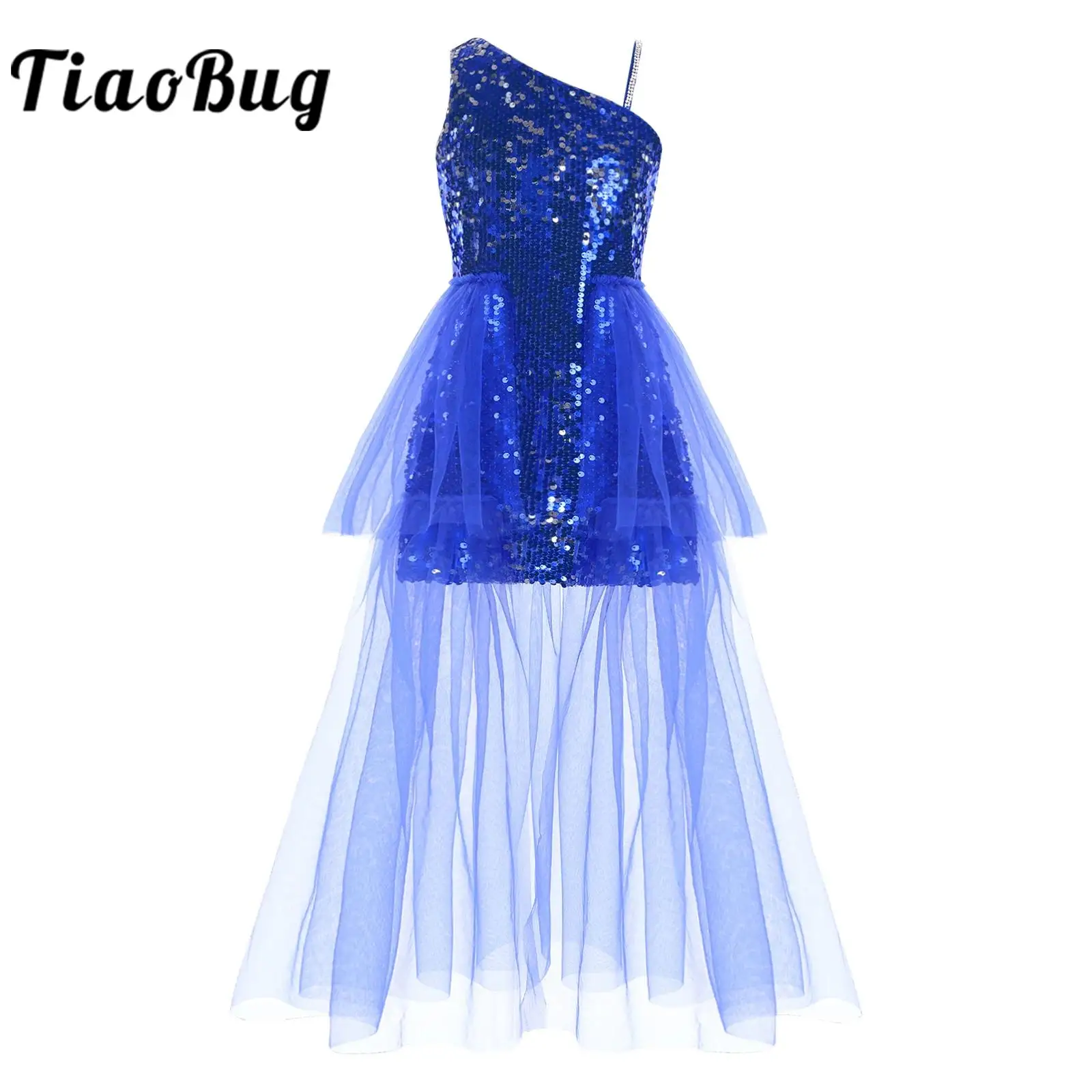 Children Sequins Dress for Girls One Shoulder Mesh Princess Pageant  Dress Costume Flower Girl Dresses Wedding Party Prom Gown