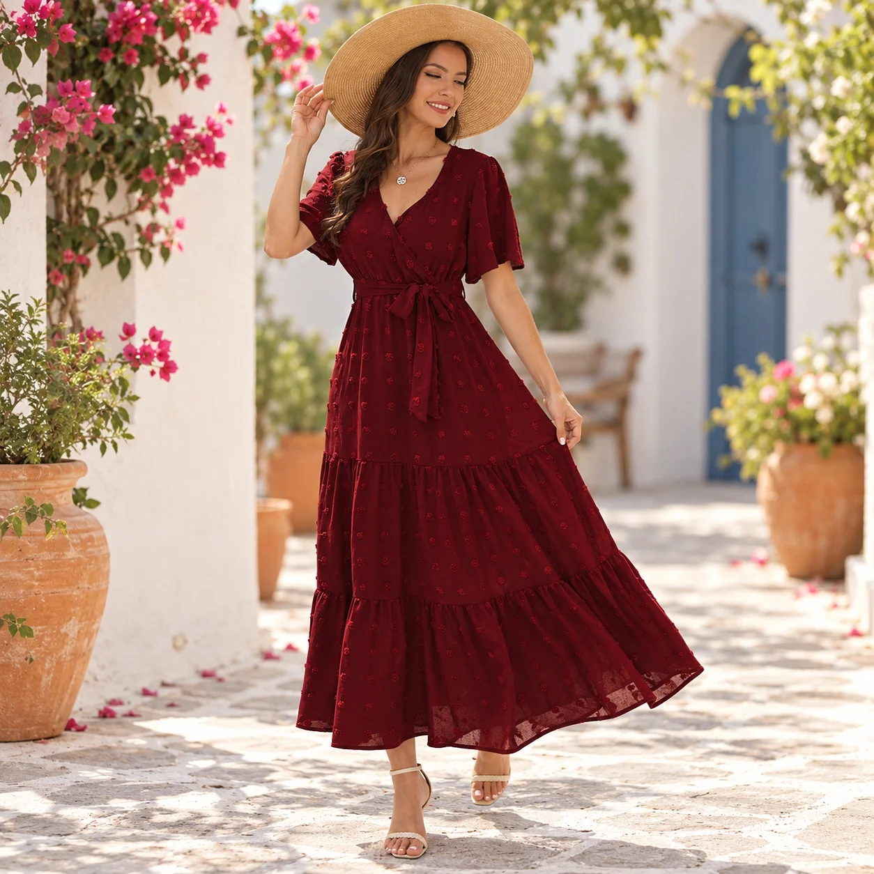 V Neck High Waist Belt Dress with Short Sleeve Jacquard Resort Fitted Waist Maxi Length Private Ladylike Women Summer Dress