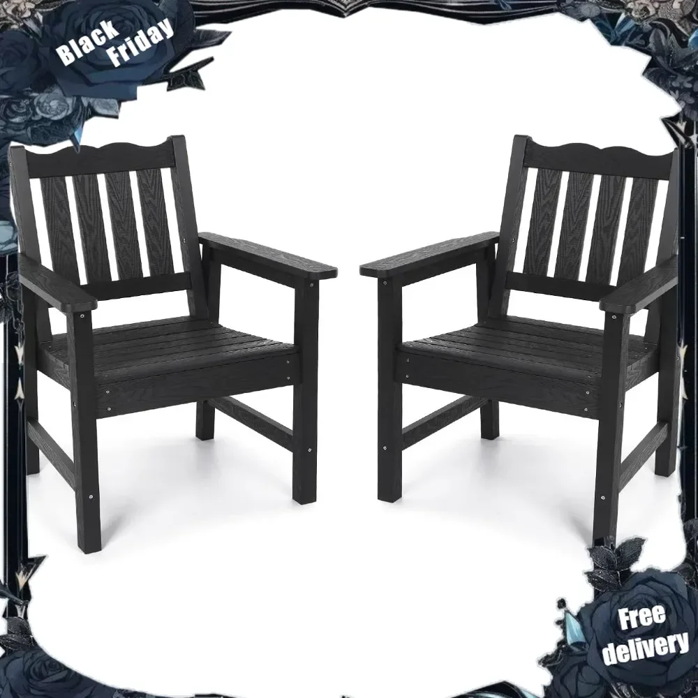 All-Weather Patio Chairs Set of 2, Outdoor Dining Chairs with Curved Backrest, 400 lbs Support Garden Chair, Black