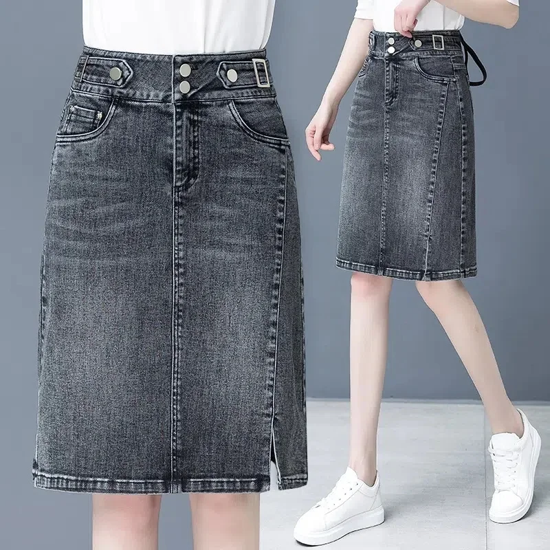 

Spring/Summer Women Denim Half Skirt New Korean High Waist Split Wrap Hip Skirt Streetwear Female Casual Cowboy Midi Skirt QWER