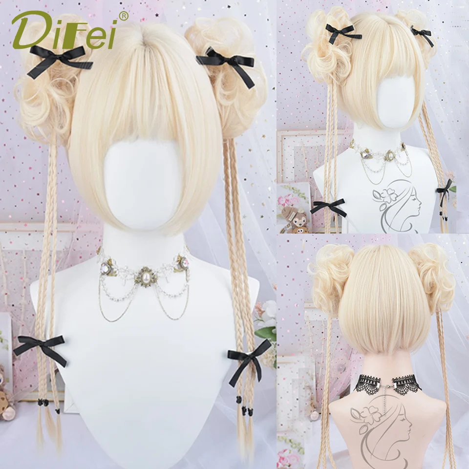 DIFEI White Gold Ball Head Synthetic Wig Female Cosplay Halloween Straight Bangs Curly Hair Bun Claw Clip The Whole Wig