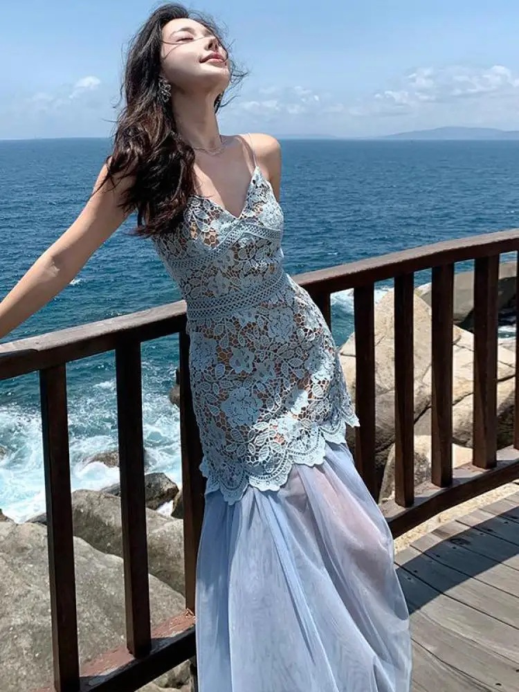 

Summer Retro Sexy Party Two Pieces Set Women Blue Lace V Neck Sleeveless Backless Slip Tops + High Waist Mesh Pleated Long Skirt