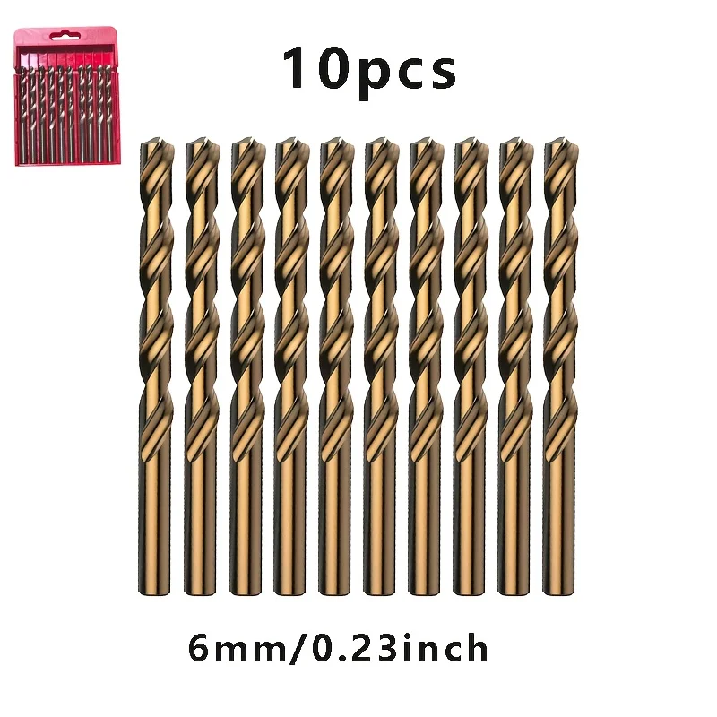 10Pcs 6mm Straight Shank Cobalt Twist Drill Bit Set, M35 HSS‑Co Drill Bits for Metal & Stainless Steel Working