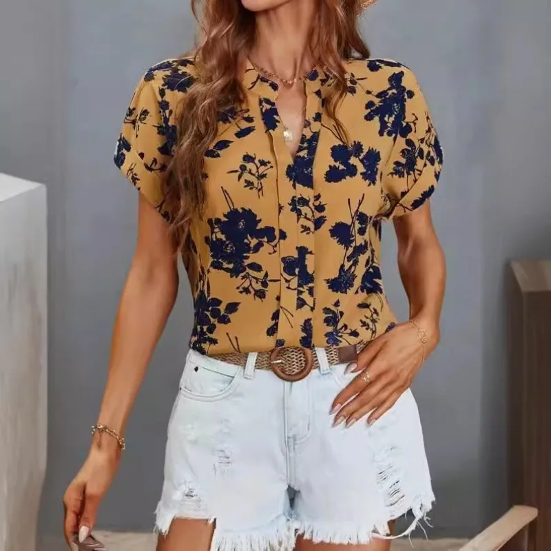 2024 Summer Women's New Pullover V-Neck Patchwork Printed Fashion Slim Fit Comfortable and Versatile Short Sleeve Blouses Shirts