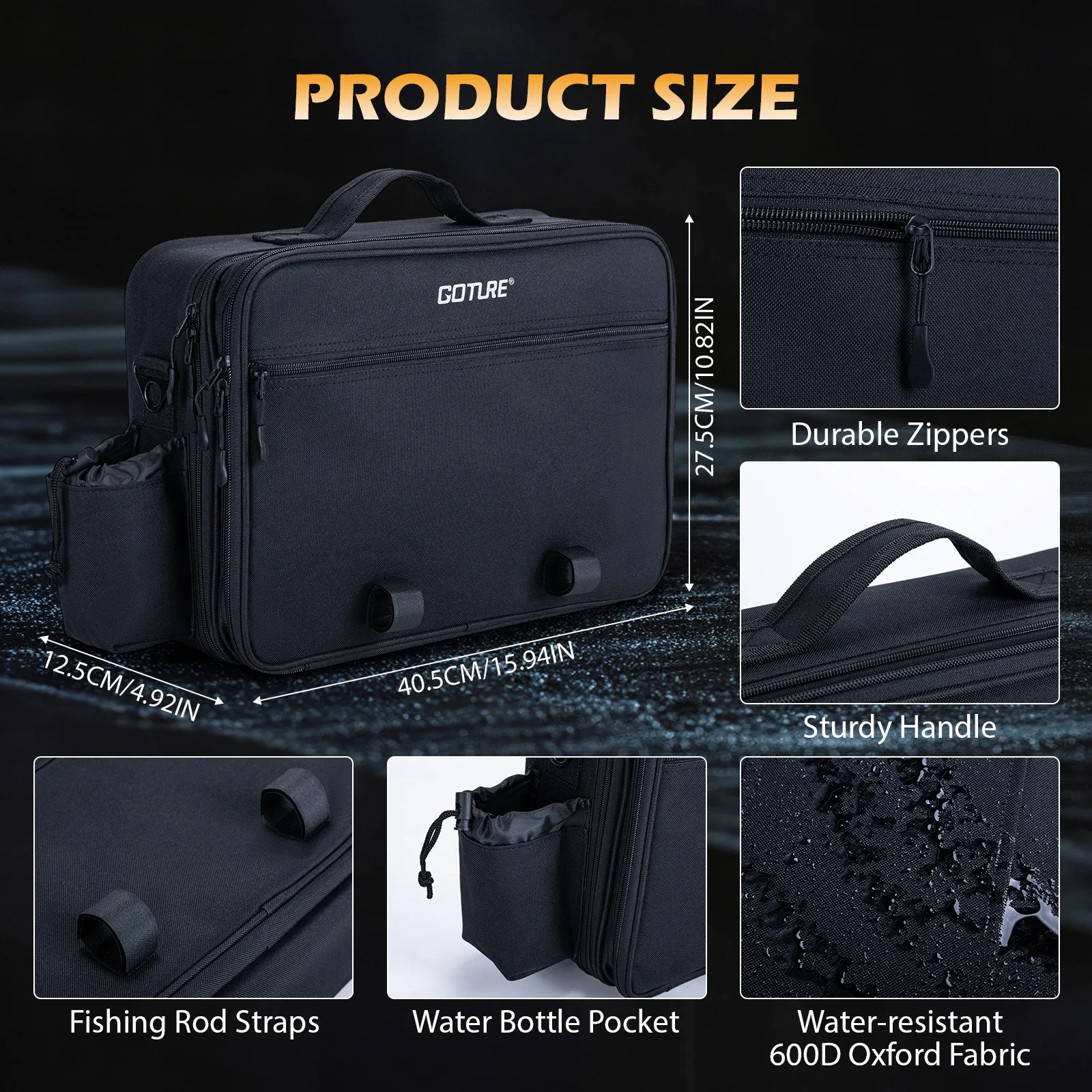 

Goture 600D Oxford PVC Fishing Tackle Bag Saltwater Resistant Flexible Partition System Rod Holders Multi Compartment Gear Case