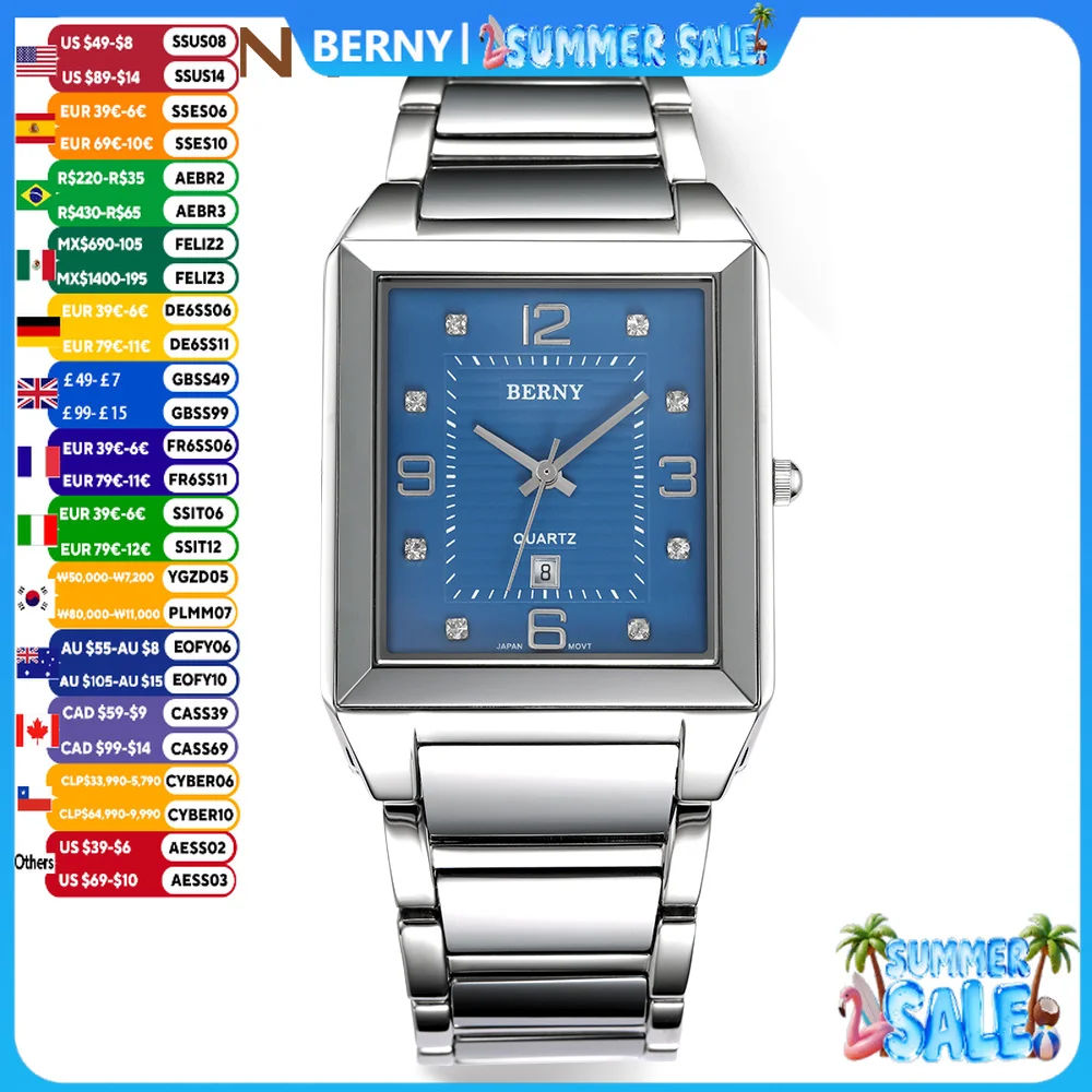 

BERNY New Watches for Men Calendar Square Stainless Steel Quartz Wristwatch Sapphire Waterproof Dress Business Men‘s Watch