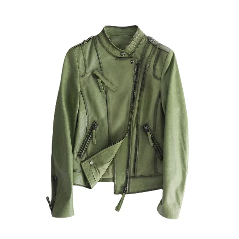 Genuine Leather Women's Leather Jacket 2023 Autumn Female Clothing Motorcycle Jackets Slim Stand Collar Short Green Overcoat FCY