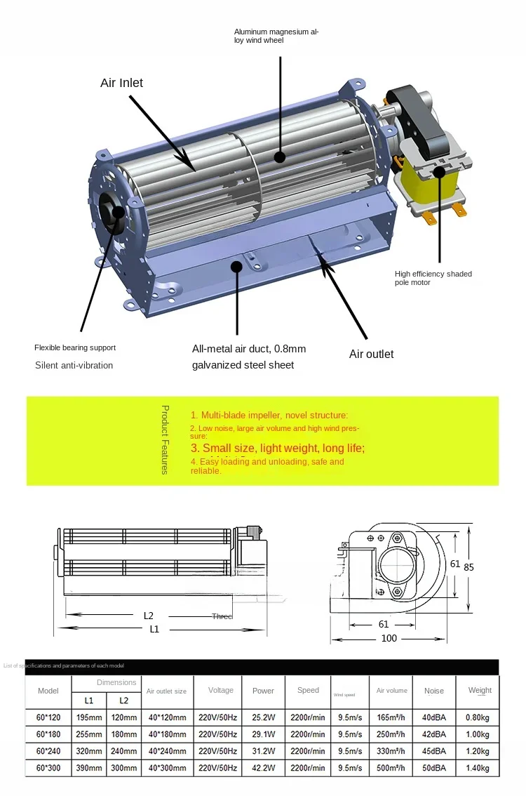 Cross flow fan 220v cross flow fan axial flow fan elevator chassis heat dissipation accessories silent