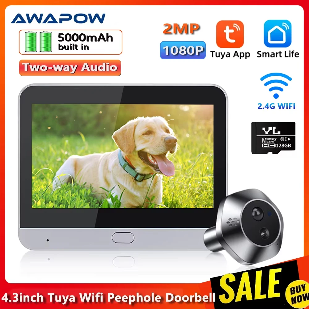 Awapow 4.3inch Tuya Doorbell Camera Wifi 2-Way Audio Peephole Doorbell PIR Night Vision Motion Detection Door Viewer видеоглазок