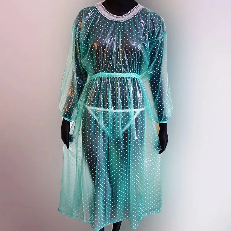 الرجال النساء بولي كلوريد الفينيل شفاف مثير فستان طويل الدانتيل الجولة الرقبة طويلة الأكمام لينة صامتة صغيرة مستديرة النقاط ABDL فستان بلاستيكي فضفاض