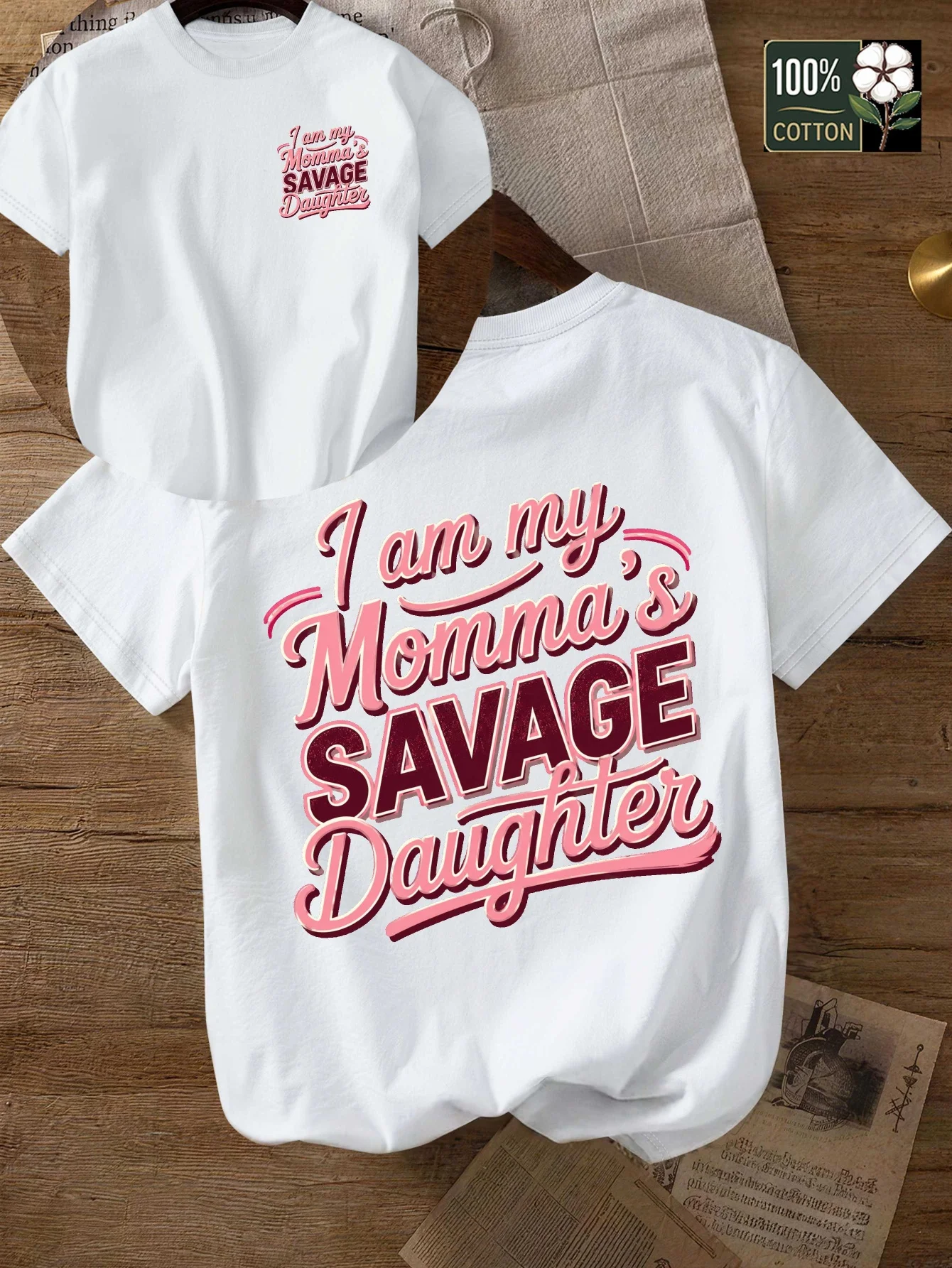 Mommas Savage Daughter Script Women's Casual Short Sleeve Print T-Shirt, Pure, Round Neck, Daily Wear