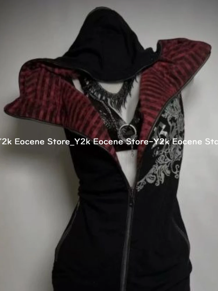 Dark Style Vintage Zipper Cardigan Tops Women Red Black Striped Hoodie Sleeveless Y2k Vest Aesthetic 90s Grunge Casual Clothing