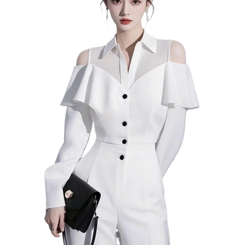 

Spring Complete Set High-end Small Dresses European Products Beautiful and Fashionable White Off-the-shoulder Shirts and Pants.