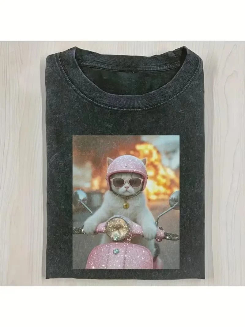 Hip-Hop Katzen-Crew Print T-Shirt Unisex Oversized Rundhals Casual Tee Lustige Katzen Foto Grafik Y2K Streetwear Shirt für Outfits – Detail 4