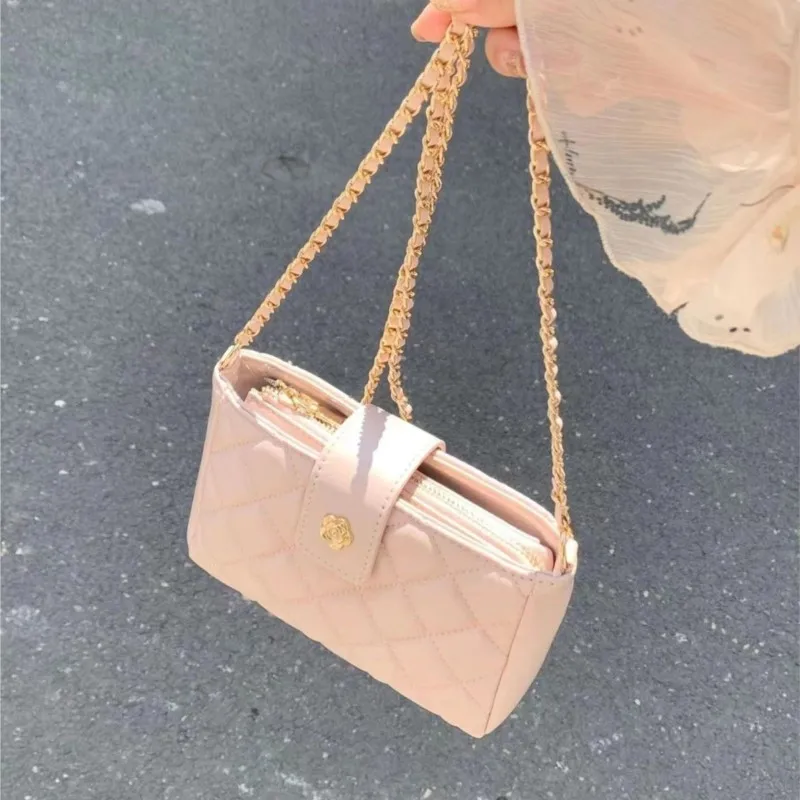 

Korean Sweet Pink Shoulder Bag Women Chain Camellia Lock Underarm Bag Ladies Diamond Pattern Stitching Leather Crossbody Bag New